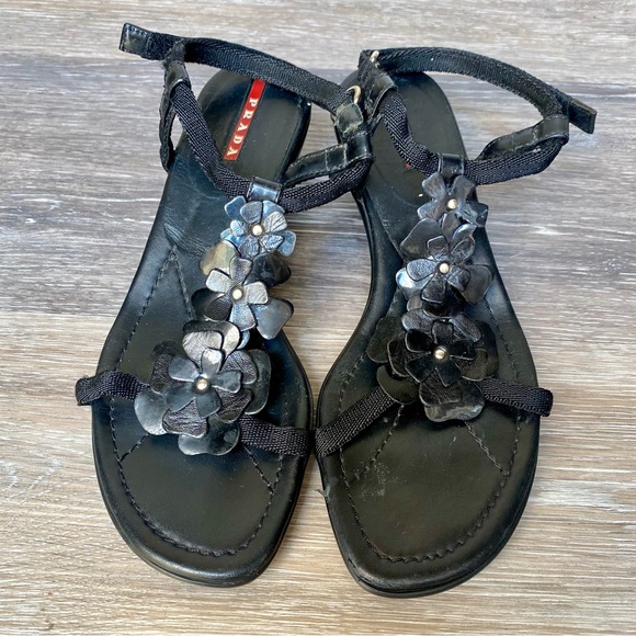 Prada black leather Calzature Donna Flower Easy kitten heel sandals size 36 - Picture 3 of 12